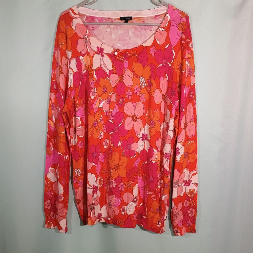 Bright Floral Top Women's Pink Orange Long Sleeve Lightweight Spring Blouse